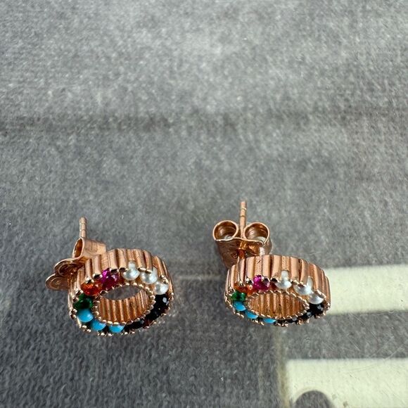 Tous STRAIGHT SMALL DISC EARRINGS IN ROSE SILVER VERMEIL WITH GEMSTONES - Picture 8 of 9